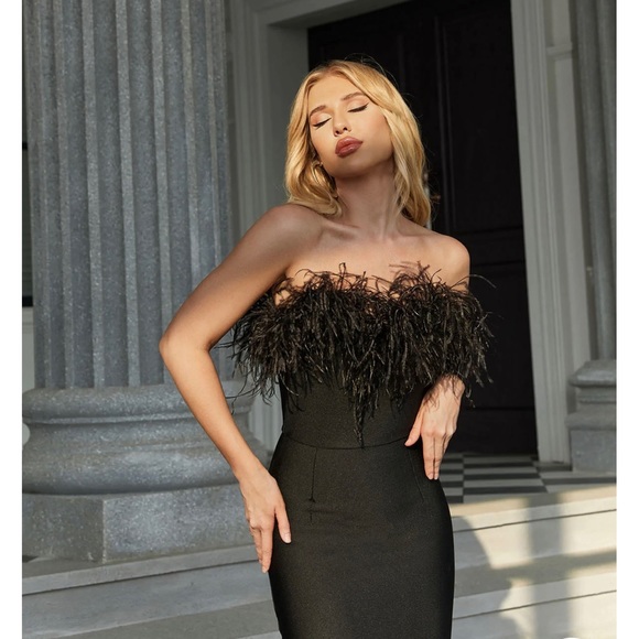 Strapless Feather Trimmed Feather Dress - Picture 3 of 5